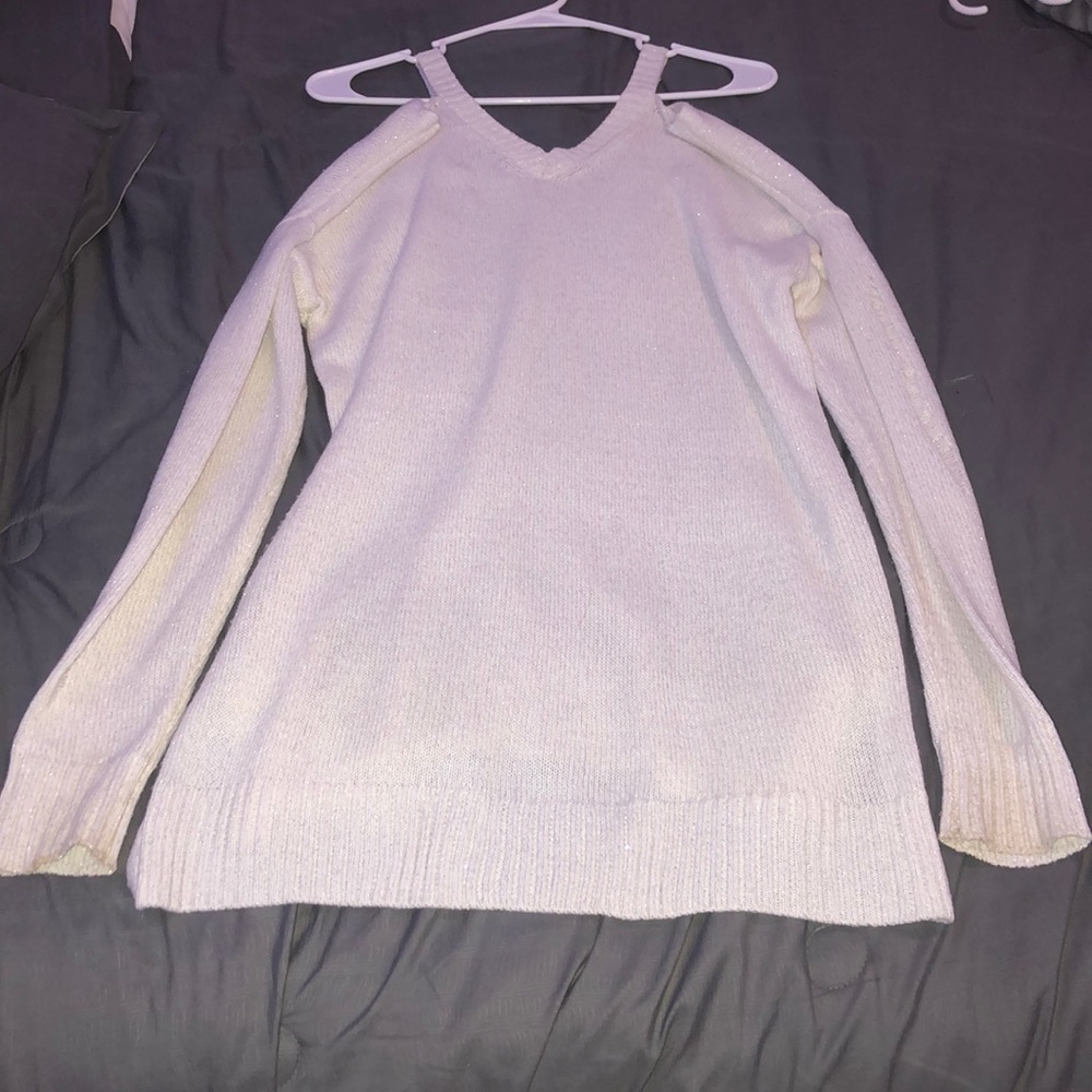 white off the shoulder distressed knit sweater